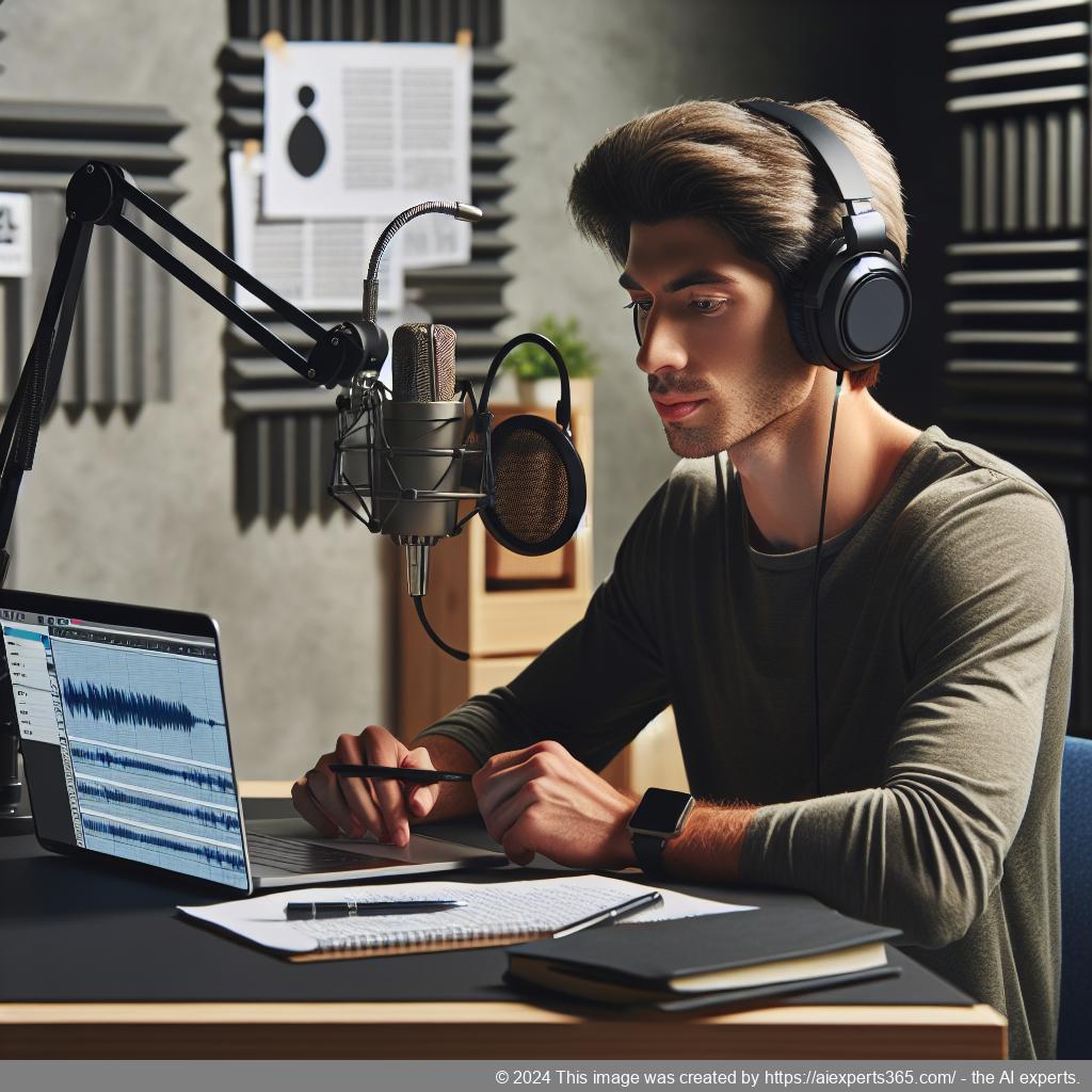 Ein Podcaster spricht ins Mikrofon während einer Aufnahme im Studio.