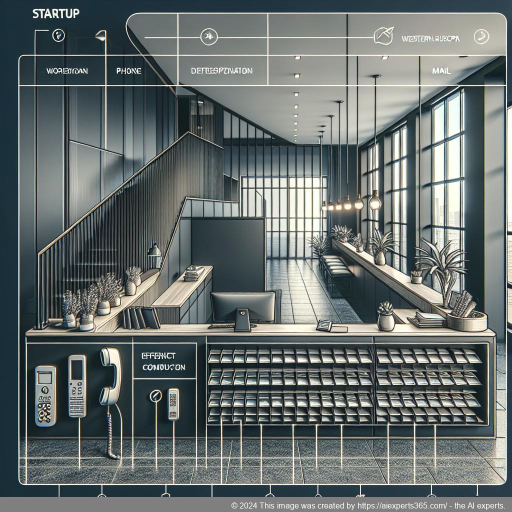 Professioneller Empfangsbereich eines Unternehmens mit moderner Telefonanlage symbolisiert effiziente Post- und Telefonservices