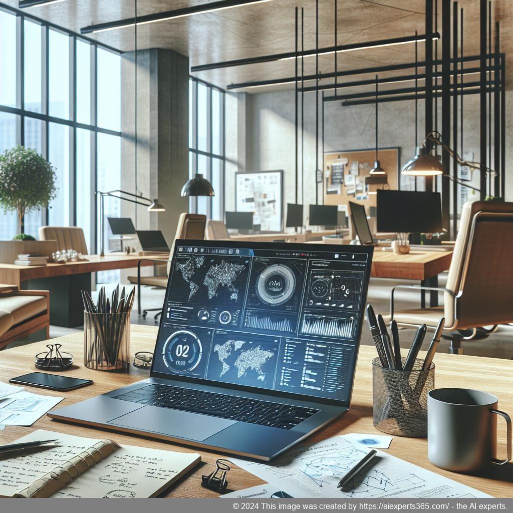 Ein modernes Arbeitsumfeld mit einem virtuellen Büro; zeigt einen Schreibtisch mit Laptop und Notizen sowie eine professionelle Geschäftsadresse.