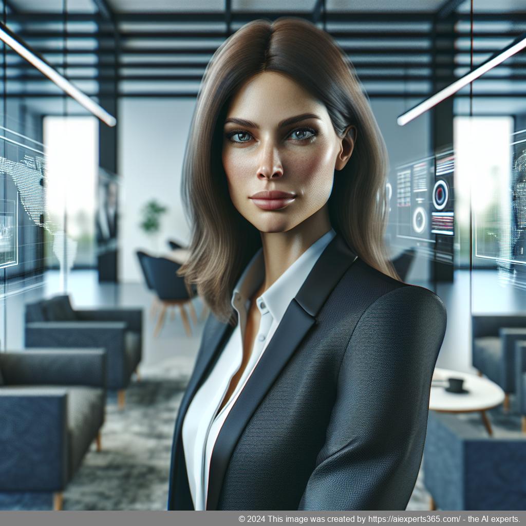 Professionelle Geschäftsfrau betrachtet Dokumente vor dem Hintergrund eines virtuellen Büros