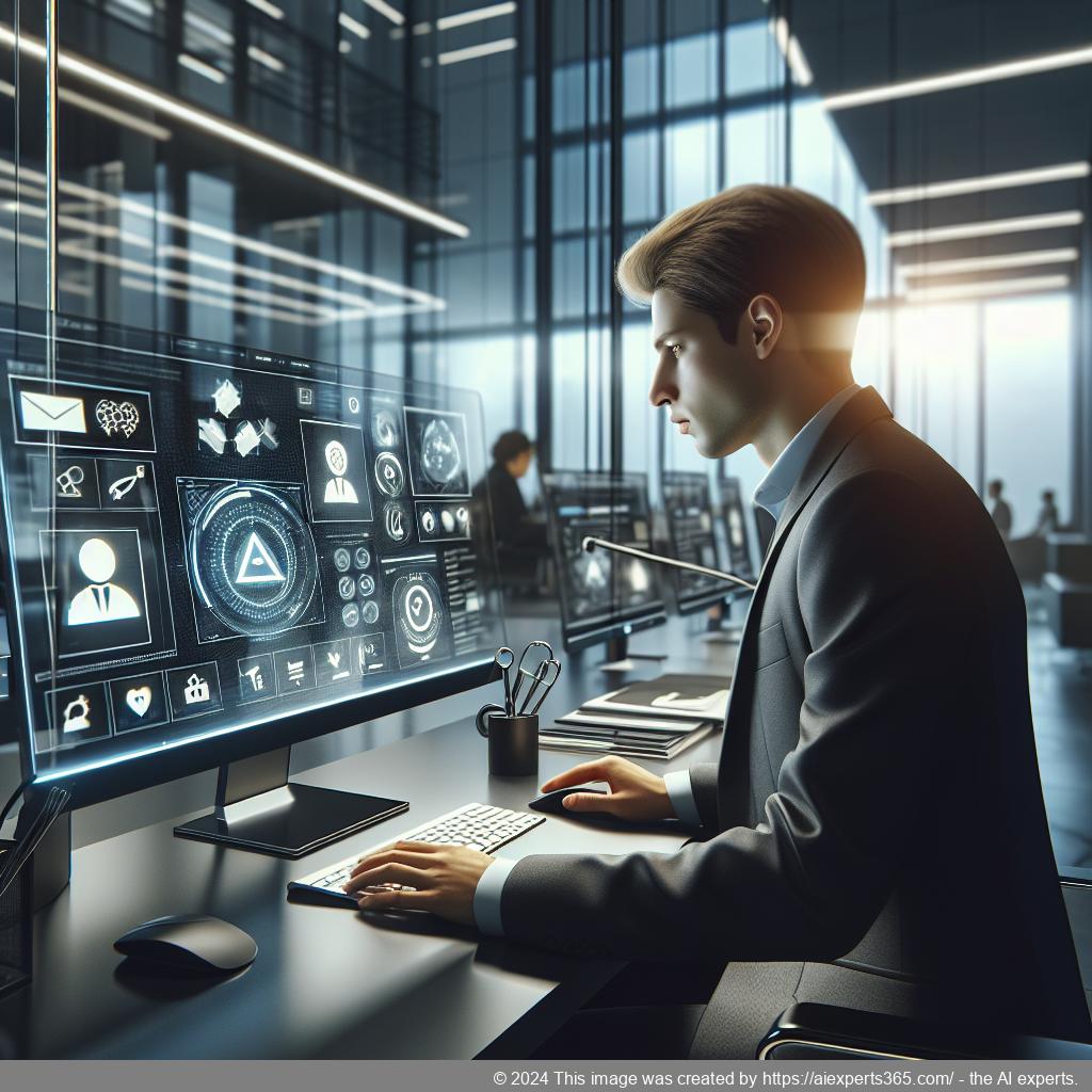 Büroarbeiter nutzt Computer mit Symbolik für virtuelle Assistenz