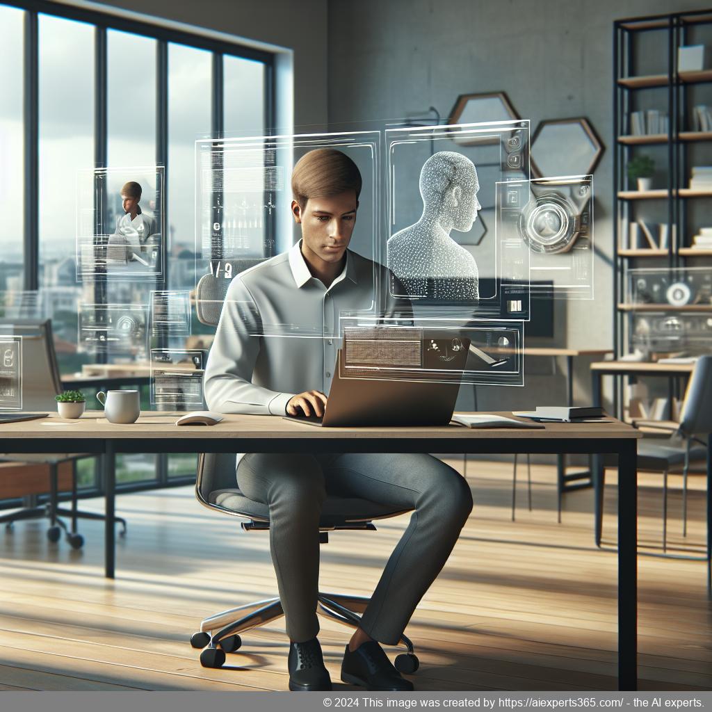 Virtueller Assistent arbeitet an einem Laptop mit digitalisierten Dokumenten im Hintergrund