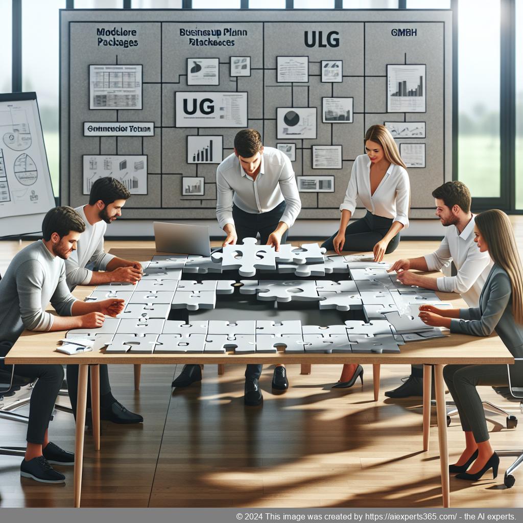 Illustration eines modular aufgebauten Pakets mit verschiedenen Diensten zur Unternehmensgründung speziell für UG und GmbH.