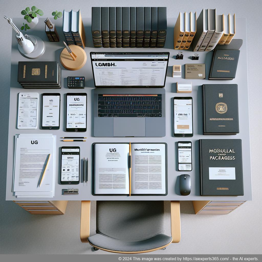 Modulares Gründungsset für UG und GmbH auf einem Schreibtisch mit Dokumenten und Laptop