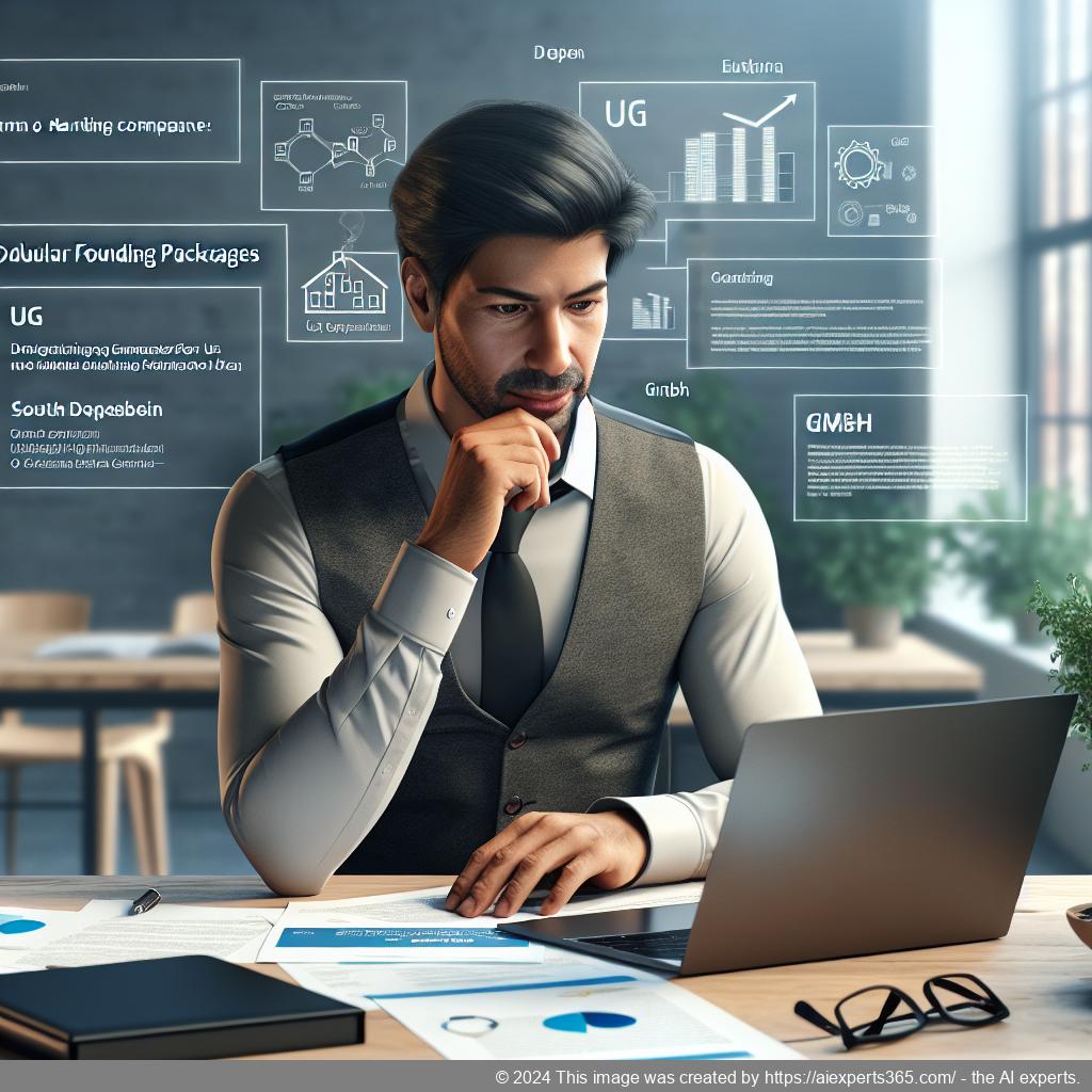 Grafik zeigt einen deutschen Unternehmer vor einem Laptop mit Dokumenten zur Firmengründung - Fokus auf modulare Gründungspakete für UG und GmbH.