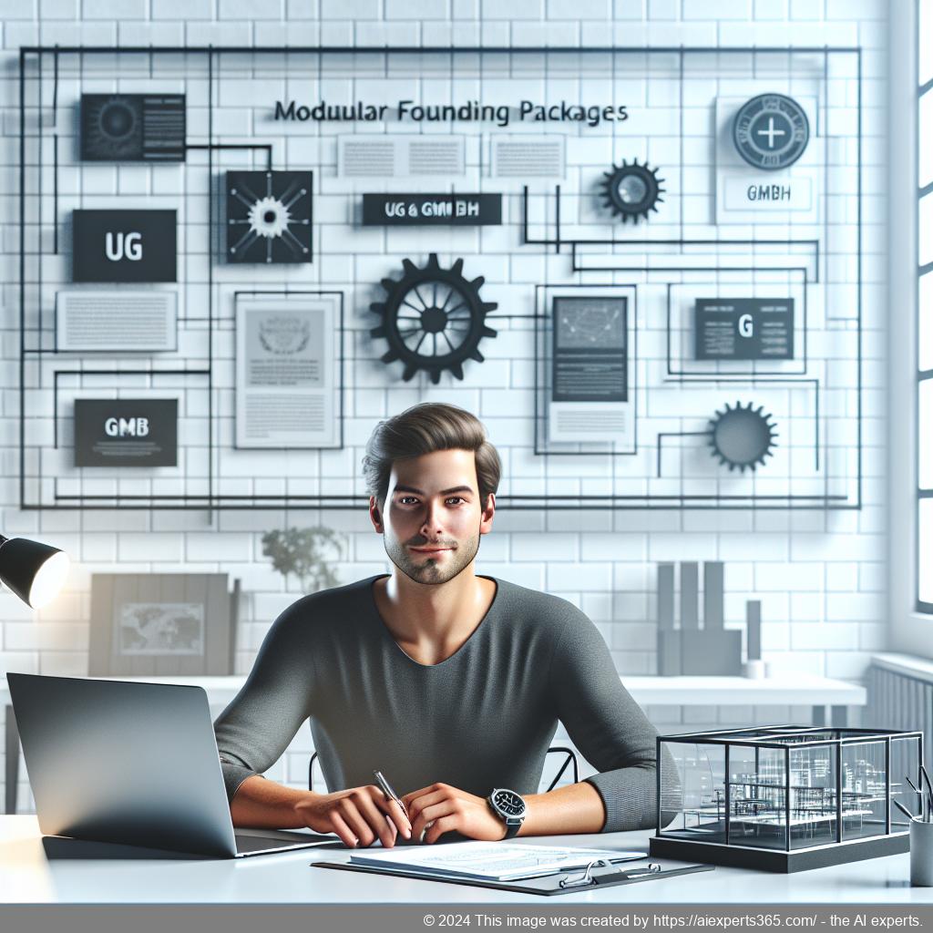 Grafik zeigt einen Gründer bei der Arbeit an seinem Laptop mit Unterlagen zur modularen Gründung einer UG oder GmbH.