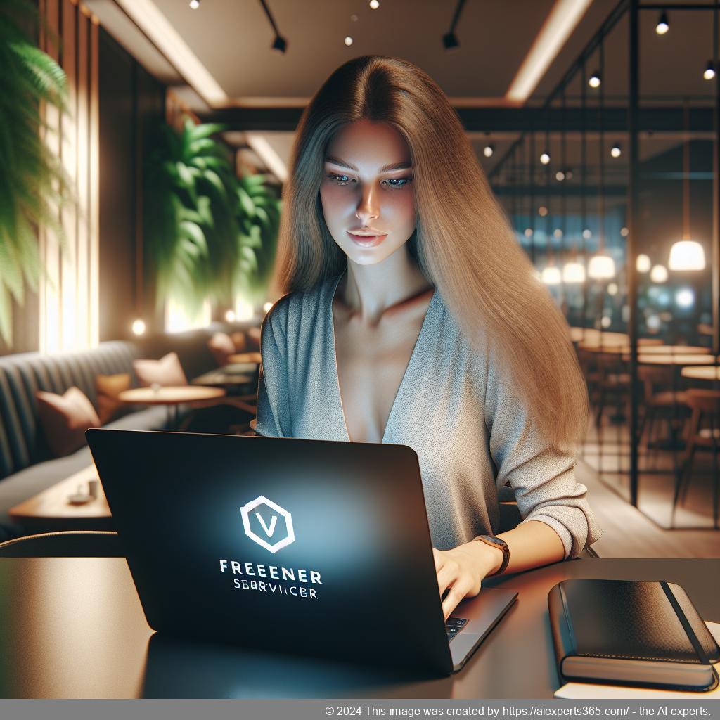 Freiberuflerin nutzt Laptop in einem Café mit dem Logo eines virtuellen Büros auf dem Bildschirm