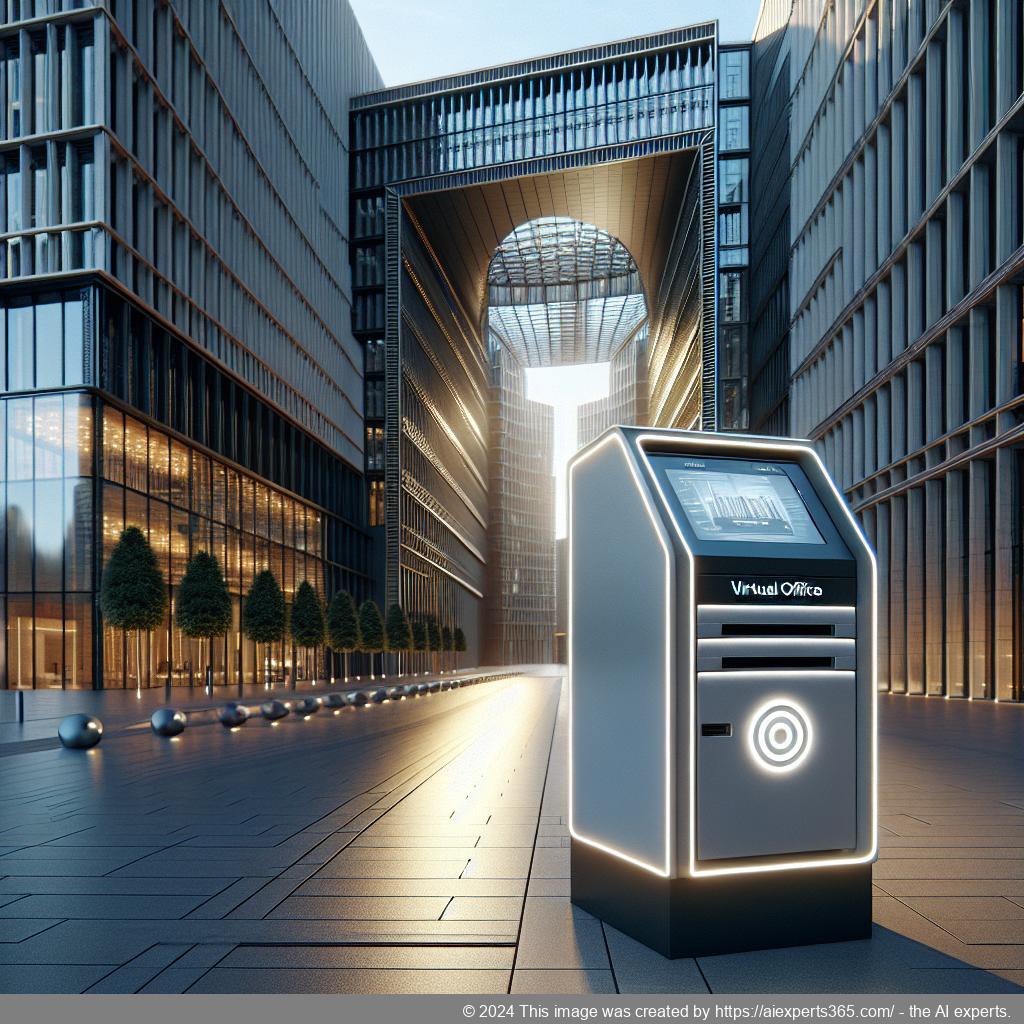 Symbolische Darstellung einer virtuellen Firmenadresse mit einem stilisierten Briefkasten vor einem modernistischen Gebäude